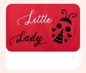Detail of ladybug applique and Little Lady embroidery on red cotton baby dress