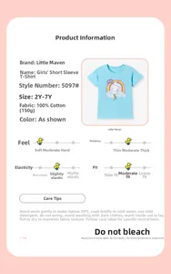 Détail du T-shirt fille bleu clair en 100% coton avec motif de chat et arc-en-ciel