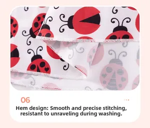 Close-up of the delicate stitching and red ladybug print on the cotton summer dress hem