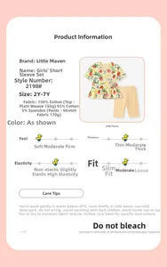 Detail view of cotton floral ruffle top and yellow shorts set with size specifications