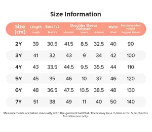 Size chart for girls summer clothing set with detailed measurements and age suggestions