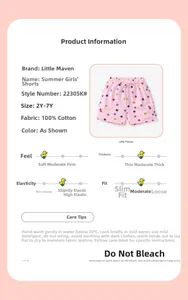 Tableau des tailles et détails du short en coton rose à pois pour filles de 2 à 7 ans