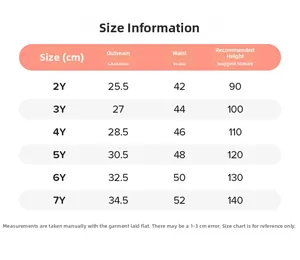 Guide détaillé des tailles pour shorts d'été fille avec mesures de taille et longueur