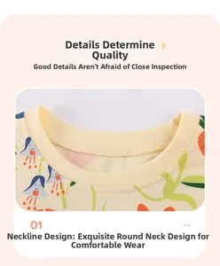 Detail of soft ribbed neckline on toddler yellow floral cotton top with neat stitching