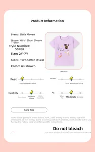 Détail du t-shirt en coton violet avec un motif chat coloré pour petites filles
