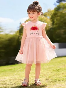 Robe de Princesse en Maille Rose pour Filles Coton Imprimé Chat Dessin Animé Manches Volantées Robe d'Été pour Enfants