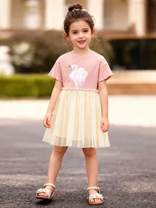 Robe Tutu en Maille Patchwork avec Broderie de Cygne pour Filles Robes de Soirée Princesse à Manches Courtes