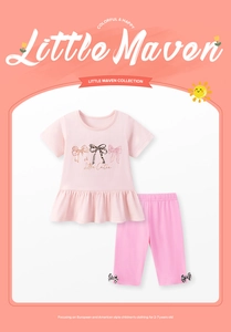 Pink cotton girls' summer set with Little Cutie bow print and ruffled hem detail