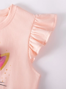 Robe rose en coton pour fille avec motif chat, manches volantées et paillettes