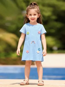 Girls Cotton Short Sleeve Dress Cute Rainbow Flower Applique Striped Blue Summer Casual Kids A-Line Princess Dress