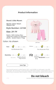 Detailed fabric and size chart for girls' cotton short sleeve T-shirt and pants set