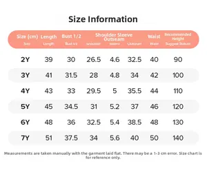 Detailed size chart for girls summer outfit with measurements from 2Y to 7Y in centimeters