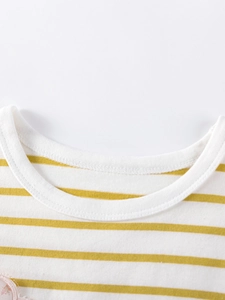 Girl striped cotton t-shirt with mustard yellow stripes and ribbed crew neck detail
