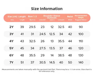 Detailed size chart for girls summer short sleeve set with measurements for 2Y to 7Y
