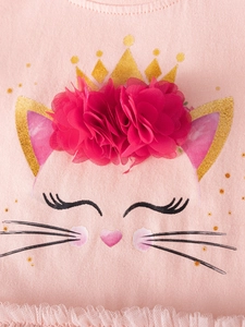 Robe rose pour filles avec fleurs en mousseline 3D et imprimé chat doré