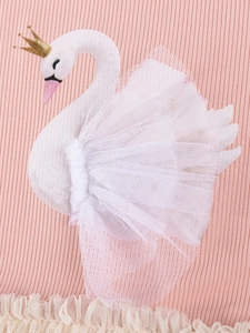 Robe en coton côtelé rose pour fille avec appliqué cygne en tulle 3D et dentelle