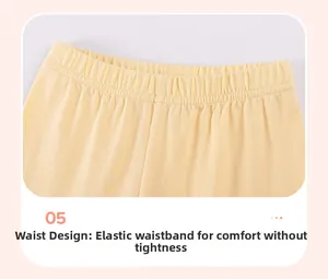 Detailed close-up of elastic waistband on yellow knitted cotton shorts for girls