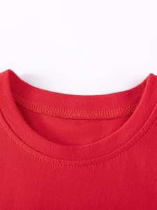 Red cotton summer dress with high-quality stitching and a smooth round neckline