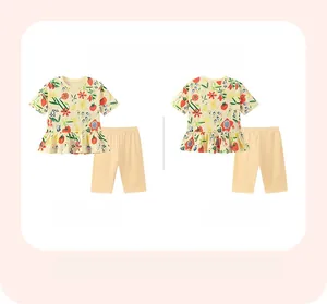 Detailed front and back view of girls' floral strawberry short sleeve set with ruffled hem