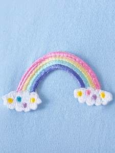 Short sleeve girls dress with rainbow cloud embroidery on light blue knit fabric