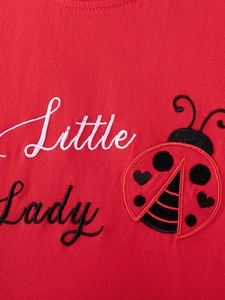 Red cotton girls dress with detailed ladybug embroidery and Little Lady text