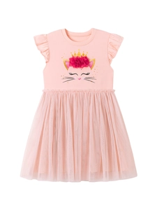 Robe rose pour fille avec chat mignon, manches volantées et jupe tutu en tulle