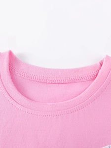 Rosafarbenes Mädchen-Strick-T-Shirt mit rundem Ausschnitt und doppelten Verstärkungsnähten