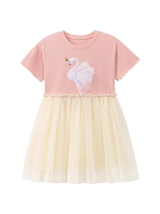 Robe rose pour filles en tricot côtelé avec applique cygne 3D et jupe en tulle multicouche