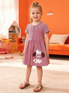 Mädchen Kurzarm Kleid Mit Hund Applikation Rot Weiß Gestreift Baumwollmischung Lässig Sommer Knie Länge Rock Für Kleinkinder