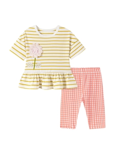 Girl's summer cotton set featuring striped ruffle hem top and pink checkered trousers