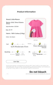Robe rose en coton pour fille avec manches courtes et broderie nuage et arc-en-ciel