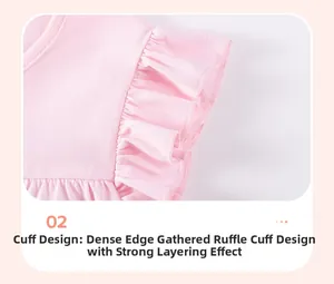Close-up of pink cotton girl's top featuring delicate ruffled cuffs and fine knit texture