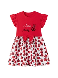 Cute red and white ladybug printed summer dress for girls with ruffled sleeves