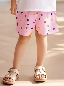 Short d'Été en Coton pour Filles Imprimé à Pois Colorés Short Rose Doux Avec Taille Élastique et Nœud pour Enfants