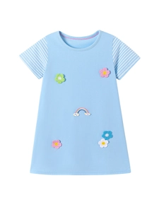 Short sleeve light blue cotton dress with rainbow flower embroidery for young girls