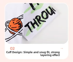 Close-up of white cotton t-shirt sleeve cuff featuring premium planet and letter prints