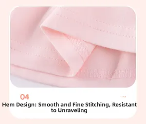 Close-up of pink girl's t-shirt hem showing durable double-stitching and neat overlock seams