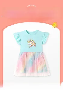 Detail of baby blue unicorn dress with rainbow mesh skirt and flutter sleeves
