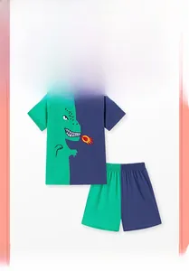 Detail of boys' two-piece set featuring dinosaur print and 3D spikes on soft cotton