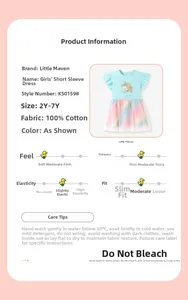Detail showing 100% cotton blue unicorn dress with rainbow mesh skirt and size chart