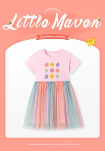Detail of pink cotton top with colorful floral print and rainbow tulle skirt for girls 2-7