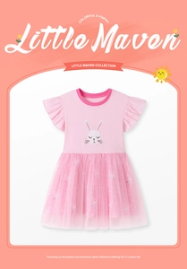 Detail of pink girls' dress with rabbit embroidery and ruffled sleeves for ages 2-7
