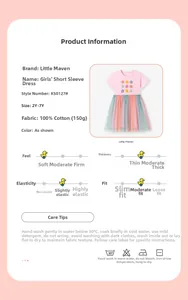 Detail view of pink cotton girl dress showing size 2Y-7Y and washing instructions