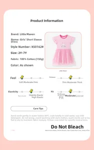 Infographic detailing cotton rabbit dress specs, fabric softness, and washing instructions