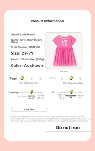 Détails de la robe tutu rose en coton pour filles avec broderie LOVE et paramètres