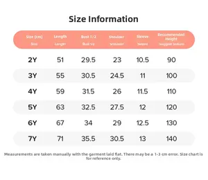Detailed size chart for girls summer floral dress showing measurements for ages 2 to 7 years