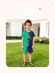 Detail of boys summer cotton set featuring a green dinosaur print and color-block design