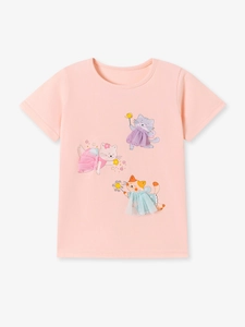 T-shirt rose en coton pour fille avec chats de dessin animé et jupe en tulle 3D sur fond blanc