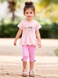 Little Maven Girls Summer Pink Cotton Short Sleeve T-Shirt Ruffle Hem And Shorts 2 Piece Cute Bow Outfit Kids Clothing Set