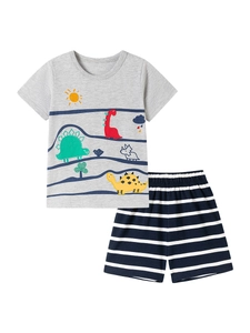Kurzärmeliges Sommer-Set für Jungen mit niedlichen Dinosaurier-Prints auf grauem Baumwollshirt